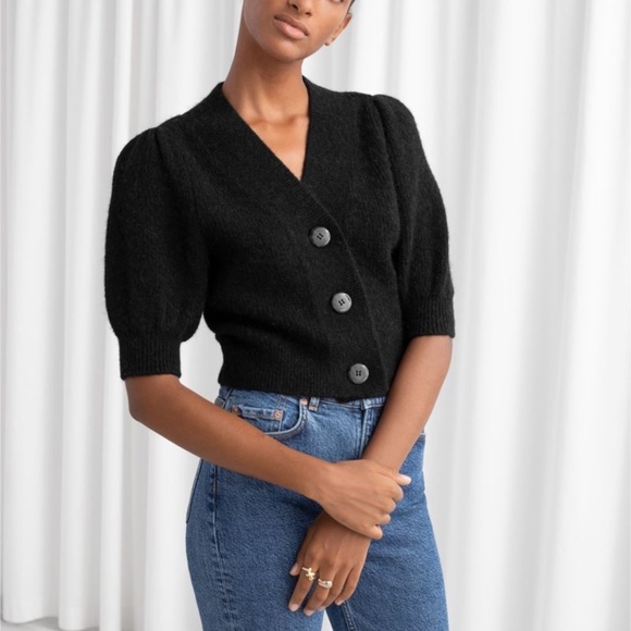 & Other Stories Black Puff Sleeve Wool Blend Cardigan XS